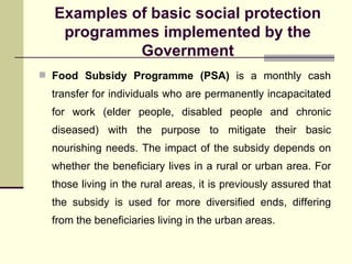 Examples of basic social protection programmes implemented by the Government Food Subsidy Programme (PSA)  is a monthly cash transfer for individuals who are permanently incapacitated for work (elder people, disabled people and chronic diseased) with the purpose to mitigate their basic nourishing needs. The impact of the subsidy depends on whether the beneficiary lives in a rural or urban area. For those living in the rural areas, it is previously assured that the subsidy is used for more diversified ends, differing from the beneficiaries living in the urban areas.  