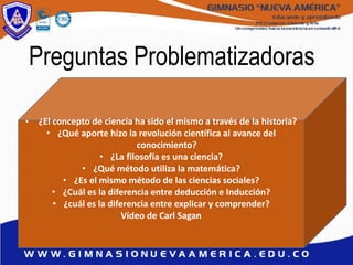 Preguntas Problematizadoras
• ¿El concepto de ciencia ha sido el mismo a través de la historia?
• ¿Qué aporte hizo la revolución científica al avance del
conocimiento?
• ¿La filosofía es una ciencia?
• ¿Qué método utiliza la matemática?
• ¿Es el mismo método de las ciencias sociales?
• ¿Cuál es la diferencia entre deducción e Inducción?
• ¿cuál es la diferencia entre explicar y comprender?
Vídeo de Carl Sagan
 