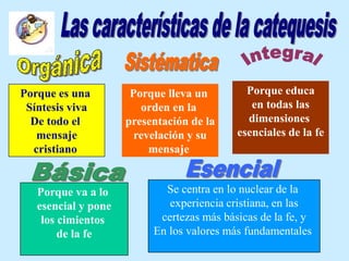 Porque es una         Porque lleva un        Porque educa
 Síntesis viva          orden en la           en todas las
  De todo el         presentación de la      dimensiones
   mensaje             revelación y su     esenciales de la fe
  cristiano               mensaje


   Porque va a lo           Se centra en lo nuclear de la
   esencial y pone           experiencia cristiana, en las
    los cimientos          certezas más básicas de la fe, y
        de la fe          En los valores más fundamentales
 
