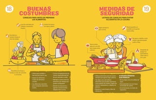 BUENAS
COSTUMBRES
MEDIDAS DE
SEGURIDAD
• Utiliza agua potable o
hiérvela para que lo sea.
• Separa los alimentos
crudos de alimentos
cocidos.
• Usa diferentes utensilios
para manipular alimentos
crudos.
• Cocina completamente las
carnes, especialmente las
de ave, pescado y cerdo.
• Refrigera cuanto antes los
alimentos por debajo de 5
grados centígrados.
• Mantén los basureros y
agentes contaminantes
alejados de la cocina.
• Utiliza protectores para las manos
siempre que agarres algo caliente.
• No dejes cerca de la llama
elementos que puedan quemarse,
como paletas de madera, trapos de
cocina o repasadores u objetos de
plástico.
• Mantén el suelo limpio y libre de
obstáculos.
SI UTILIZAS APARATOS
ELÉCTRONICOS
• No los dejes cerca de salidas de
agua.
• Desconéctalos una vez hayas
terminado de usarlos.
• Si no funcionan, no trates de
repararlos.
19
18
CONSEJOS PARA ANTES DE PREPARAR
LOS ALIMENTOS:
LISTADO DE CONSEJOS PARA EVITAR
ACCIDENTES EN LA COCINA:
Lávate las manos
con agua y jabón.
Desinfecta y
mantén limpia el
área de trabajo.
Lava los utensilios de
trabajo y mantenlos
limpios.
Desinfecta las frutas y
verduras antes de comerlas
o cocinarlas.
Recoge tu cabello y evita
utilizar ropa demasiado
suelta o floja.
Asegúrate de
apagar los
quemadores,
sobre todo si
son a gas.
Vigila siempre lo
que cocinas.
Nunca eches
agua en una olla
que tenga aceite
caliente.
Nunca guardes un
cuchillo con la punta
hacia arriba.
 
