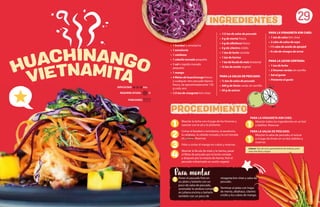 Juliana: Tipo de corte, generalmente de verduras, para
crear tiras finas y largas.
INGREDIENTES
• 1 betabel o remolacha
• 1 zanahoria
• 1 calabaza
• 1 cebolla morada pequeña
• 1 col o repollo morado
pequeño
• 1 mango
• 4 filetes de huachinango fresco
o cualquier otro pescado blanco
fresco, de aproximadamente 150
g cada uno
• 1/2 tza de vinagreta kim chee
• 1/2 tza de salsa de pescado
• 4 g de menta fresca
• 4 g de albahaca fresca
• 4 g de cilantro criollo
• 1 tza de leche cortada
• 1 tza de harina
• 1tzadefeculademaiz(maizena)
• ¾ tza de aceite vegetal
PARA LA SALSA DE PESCADO:
• ½ tza de salsa de pescado
• 500 g de limón verde sin semilla
• 50 g de azúcar
PARA LA VINAGRETA KIM CHEE:
• 1 tza de salsa kim chee
• 2 cdas de salsa de soya
• 1½ cdas de aceite de ajonjoli
• ¾ cda de vinagre de arroz
PARA LA LECHE CORTADA:
• 1 tza de leche
• 2 limones verdes sin semilla
• Sal al gusto
• Pimienta al gusto
PROCEDIMIENTO
1 1
1
1
2
3
4
PARA LA VINAGRETA KIM CHEE:
Mezclar todos los ingredientes en un bol
y batirlos. Reservar.
PARA LA SALSA DE PESCADO:
Mezclar la salsa de pescado, el azúcar
y el jugo de limón en un bol, batirlos y
reservar.
29
REQUIERE AYUDA: Sí
DIFICULTAD: Alta
PORCIONES:
Mezclar la leche con el jugo de los limones y
sazonar con la sal y la pimienta.
Cortar el betabel o remolacha, la zanahoria,
la calabaza, la cebolla morada y la col morada
en juliana. Reservar.
Pelar y cortar el mango en cubos y reservar.
Mezclar la fécula de maíz y la harina, pasar
el filete de pescado por la leche cortada
y después por la mezcla de harina, freír el
pescado enharinado en aceite vegetal.
Poner el pescado frito en
un plato y bañarlo con un
poco de salsa de pescado,
acomodar la verdura cortada
en juliana encima y bañarlo
también con un poco de
vinagreta kim chee y salsa de
pescado.
Terminar el plato con hojas
de menta, albahaca, cilantro
criollo y los cubos de mango.
Para montar
2
 