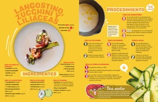 REQUIERE AYUDA:
PORCIONES:
Sí
PROCEDIMIENTO
PARA LOS LANGOSTINOS:
• 12 langostinos pelados
• 250 g de mantequilla
• 1 ½ cdas de ajo picado
• 85 ml de jugo de limón
• Sal al gusto
• Pimienta negra molida al gusto
• Sal en escamas
PARA LAS CEBOLLAS
MORADAS:
• 2 cebollas moradas
• 30 g de mantequilla
• Tomillo al gusto
• Sal al gusto
PARA LOS ZUCCHINIS:
• 8 láminas de zucchini
• Aceite de oliva al gusto
• Tomillo fresco al gusto
• Sal al gusto
PARA LOS PUERROS:
• 2 puerros (usar la parte blanca
del puerro y cortarlo en cuartos
para que se cocine más rápido)
• 30 g de mantequilla
• Caldo de verduras al gusto
• Sal al gusto
35
1
1
1 1
1
2
2
2 2
2
3
3
PARA LOS LANGOSTINOS:
En una olla, fundir la mantequilla hasta
que tome aroma a avellanas (esto significa
cocinar la mantequilla hasta que se torne
dorada). Agregar el ajo picado, dorar
levemente y cortar la cocción con el
jugo de limón. Retirar del fuego. Colar.
Condimentar con sal y pimienta.
Pincelar los langostinos con la mantequilla
de ajo y limón. Grillar en plancha caliente.
Terminar con sal en escamas.
PARA LAS CEBOLLAS MORADAS:
Precalentar el horno a 180°C.
Seleccionar cebollas pequeñas, pelar y cortar gajos
conservando el nudo.
En un sartén, colocar la mantequilla y agregar las
cebollas con el lado plano hacia abajo. Salar y agregar
el tomillo. Una vez doradas, voltearlas y terminar la
cocción en el horno.
PARA LOS ZUCCHINIS:
Cortar los zucchinis a lo
largo con un pelador.
Colocar las láminas en
un bol con un chorrito
de aceite de oliva, sal y
tomillo.
Grillar de ambos lados en
una plancha bien caliente.
INGREDIENTES
PARA EL ALIOLI:
• 150 ml de leche entera
• ½ diente de ajo
• 150 ml de aceite
• Sal al gusto
Brotes varios (brotes de
rúcula) para montar.
PARA LOS PUERROS:
En una olla mediana,
calentar la mantequilla,
agregar los puerros
cortados, a los 3 minutos
darle la vuelta.
Agregar el caldo hasta que
llegue a la mitad de la olla,
agregar la sal y cocinar hasta
que estén tiernos. Descartar
el líquido sobrante.
PARA EL ALIOLI:
En una olla pequeña,
calentar la leche y el ajo.
Una vez que llegó a hervor,
retirar del fuego y dejar
enfriar a temperatura
ambiente.
Colocar en un bol e ir
emulsionando agregando
el aceite en forma de hilo.
Agregar sal al gusto.
Pincelar: Aplicar
huevo batido, un
almíbar, una grasa
o una salsa con la
ayuda de un pincel
o una brocha de
cocina.
1
Utilizando un plato plano, emplatar los ingredientes
calientes de manera lineal. Colocar un hilo de aceite
de oliva y sal en escamas. Puntos de alioli y decorar
con brotes de rúcula.
DIFICULTAD: Media
ZUCCHINI Y
LILIACEAS
LANGOSTINO,
Para montar
 