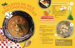 • 1kg de costilla de res troceada
• 5 l de agua
• 1 cebolla
• 1 zanahoria
• 1 poro o puerro
• ½ kg de masa de maíz nixtamalizado (si no se
encuentra la masa de maíz nixtamalizado típica
de México, se puede hacer una masa con 500 g
de harina de maíz y 600 ml de agua tibia)
• 100 ml de crema de rancho o crema
ácida
• Sal al gusto
PROCEDIMIENTO
51
1
1
2
3
2
PARA EL CALDITO:
Lavar muy bien los vegetales y cortarlos a
la mitad.
Agregar los vegetales en una olla grande,
junto con la carne y los 5 l de agua,
cocerlo todo por 45 minutos a fuego
medio alto.
Pasados los 45 minutos, colar el caldo
con un colador y pasarlo a otra olla, luego
deshebrar la carne (hacerla tiritas) una
vez que esté fría.
PARA LOS CHOCHOYOTES:
Preparar la masa de maíz con agua y
hacer bolitas del tamaño de una cereza,
luego hacer un hueco con el dedo en
medio de la bolita.
Agregar las bolitas al caldo, poner sal
gusto y cocinar otros 15 minutos.
INGREDIENTES
1
Servir el caldo en platos hondos y agregar
una cucharada de crema, mover hasta que
quede de un mismo color y agregar la carne
deshebrada o en tiritas.
Para montar
REQUIERE AYUDA:
PORCIONES:
Sí
DIFICULTAD: Alta
C
ONCHOCHOYOTE
S
CALDITO DE RES
 