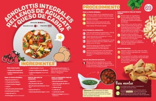 69
PARA LA PASTA INTEGRAL:
• 50 g de semolina fina
• 113 g de harina blanca
• 113 g de harina integral
• 1 huevo
• 125 g de yema pasteurizada
• 6 ml de aceite de oliva
• 1 pizca de sal fina
• 6 ml de agua (de ser necesario)
PARA EL RELLENO DE
AGUACATE:
• 1 aguacate mediano
• 60 g de queso de cabra
• 20 g de queso parmesano rallado
fino
• 2 pizcas de sal fina
• 1 pizca de pimienta negra molida
PARA LA VINAGRETA TIBIA DE
TOMATE CHERRY:
• 600 g de jitomate cherry
• 150 ml de aceite de oliva de
buena calidad
• 1 diente de ajo
• ½ cdta de sal
• 1 ramita de tomillo
• Gotas de vinagre de jerez o
balsámico
PARA LA PASTA INTEGRAL:
Formar un volcán con los ingredientes secos
en un bol grande o sobre la mesa de trabajo.
Hacerle un hueco al centro y verter las yemas,
el huevo y el aceite.
Mezclar con la mano hasta juntar todo.
Amasar hasta que tome una textura lisa.
Dejar reposar 30 minutos tapado.
PARA FORMAR EL AGNOLOTTI:
Pasar por laminadora de pasta hasta 1 mm de
grosor o bien se puede aplanar a mano.
Cortar tiras de 40 cm de largo por 7 cm de
ancho aproximadamente.
Hacer una línea de aproximadamente 1 cm de
espesor a lo largo de la tira y doblar sobre sí
mismo como un sobre.
Pinchar la masa con los dedos, haciendo
forma de almohaditas como de 2 cm
aproximadamente (ver foto adjunta).
Cortar los agnolottis entre cada almohadita.
Reservar en una charola con un poco de
semolina y en refrigeración hasta antes de
cocerlos.
PARA EL RELLENO DE AGUACATE:
Mezclar todos los ingredientes en un bol
y machacar con un batidor de globo hasta
formar una pasta. Rectificar la sazón y colocar
el relleno en una manga pastelera.
PARA VINAGRETA TIBIA DE TOMATE
CHERRY:
Mezclar todos los ingredientes
en una sartén y cocinar a fuego
bajo, por 15 minutos, hasta que
los jitomates queden pinchados o
desinflados.
Dejar enfriar y una vez frío, colar la
mezcla conservando el líquido. Con
la ayuda de una cuchara, exprimir
todo el líquido de los tomatitos,
para que pase por el colador y se
mezcle con el aceite de abajo.
Descartar todos los sólidos y
rectificar la sazón del jugo restante
para que al mezclarse con el aceite
quede como una vinagreta.
Ajustar acidez al gusto con algunas
gotas de vinagre de jerez ó balsámico.
Calentar antesde servir.
ANTES DE MONTAR:
Agregar el agua a una olla, echar sal y dejar
hervir. Cocinar los agnolottis de 1 minuto a 1
minuto y medio.
Con la ayuda de un colador, sacarlos del agua
y colocarlos en un bol junto con los jitomates
cherry pelados. Sazonar con
un poco de aceite de oliva,
sal y pimienta.
Espolvorear: Rociar levemente con algún
elemento en polvo o picado (cacao, azúcar,
perejil, orégano) puede hacerse con un colador
para que quede más parejo.
Y
QUESODECAB
RA
RE
LLENOSDEAGUAC
ATE
A
GNOLOTTISINTEGRALE
S
INGREDIENTES
PROCEDIMIENTO
1
1
1
2
2
3
3
4
5
1
2
Para montar
1
2
3
4
En un plato hondo, colocar 3 cucharadas de
la vinagreta de tomate cherry.
Acomodar los agnolottis y los tomatitos sobre la
vinagreta. Espolvorear la albahaca cortada en tiras
gruesas y los piñones tostados, además, agregar
algunas lajas de queso parmesano sobre los agnolottis.
PORCIONES:
DIFICULTAD: Alta
REQUIERE AYUDA: Sí
PARA CADA PLATO:
•10Agnolottisdeaguacate
•5piezasdejitomatecherry,
pelados
• 1 cdta de piñón tostado
• 4 hojas medianas de albahaca
• 3 cdas de vinagreta de jitomate
cherry
• 15 g de queso parmesano, en
lajas hechas con un pelador de
papas (de preferencia Grana
padano o Reggiano)
1
2
 