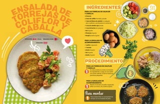 91
PARA LAS TORREJAS DE COLIFLOR
Y CABALLA:
• 6 huevos
• 2 tzas de coliflor hervida y picada
• 1 lata de filetes de caballa (o cualquier
atún, sardinas o anchovetas en conserva)
• ½ tza de cebolla roja picada
• ½ tza de harina sin preparar
• Sal al gusto
• Pimienta al gusto
• Perejil picado al gusto
PARA LA ENSALADA DE
ACOMPAÑAMIENTO:
• 1 palta o aguacate
• 1 tomate
• Limón al gusto
• Sal al gusto
• Aceite al gusto
PARA LAS TORREJAS DE COLIFLOR
Y CABALLA:
Se coloca todo en un bol y se mezclan
los ingredientes. Luego, en una sartén
con aceite caliente, se fríe la mezcla en
porciones pequeñas.
1
Para el plato final, se acompañan las
torrejas con la ensalada de palta.
Para montar
COLIFLOR Y
CABALLA
TORREJAS DE
ENSALADA DE
PROCEDIMIENTO
INGREDIENTES
1
1
PARA LA ENSALADA DE
ACOMPAÑAMIENTO:
Mezclar el tomate y la palta o aguacate,
aliñar con limón, sal y aceite al gusto.
DIFICULTAD: Media
PORCIONES:
REQUIERE AYUDA: Sí
 