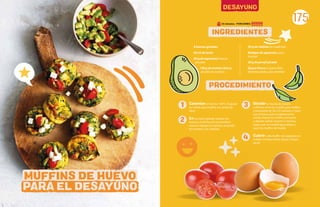 174 175
175
Calentar el horno a 180°C. Engrasar
un molde para muffins con aceite de
oliva.
En un tazón grande, mezclar los
huevos y la leche con una batidora
manual. Agregar la espinaca, el perejil,
los tomates y las chalotas.
Dividir la mezcla de manera
uniforme entre los moldes para muffins
y hornearlos de 20 a 25 minutos o hasta
que el huevo esté completamente
cocido. Retirar los muffins del horno
y dejarlos enfriar durante 5 minutos,
luego usar un cuchillo para aflojar y
sacar los muffins del molde.
Cubrir cada muffin con aguacate en
rodajas, tomate cherry, queso y luego
servir.
8 huevos grandes
60 ml de leche
80 g de espinacas frescas
picadas
100 g de tomate cherry,
picado en cuartos
30 g de chalota en cuadritos
Rodajas de aguacate, para
montar
20 g de perejil picado
Queso fresco o queso feta
desmenuzado, para montar
1
2
3
4
MUFFINS DE HUEVO
PARA EL DESAYUNO
DESAYUNO
PROCEDIMIENTO
INGREDIENTES
PORCIONES:
35 minutos -
 