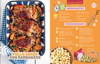 227
PLATO FUERTE
En un tazón, batir el yogur, jugo de
limón, sal y pimienta al gusto.
Agregar el pollo y cubrirlo con
la mezcla. En un recipiente cubierto,
dejarlo enfriar durante 4 a 8 horas.
Retirar del refrigerador 30 minutos antes
de cocinar.
Calentar el horno a 200°C.
En un tazón, mezclar los garbanzos,
la cebolla y las zanahorias. Sazonar
ligeramente con sal al gusto. En un
molde para hornear de 23-33 cm., hacer
una cama con los vegetales.
Con una espátula de goma,
redistribuir la mezcla para que cubra
ambos lados del pollo de manera
uniforme. Colocar el pollo sobre las
verduras, con la piel hacia arriba.
Hornear hasta que el pollo esté bien
dorado, durante unos 45 minutos.
Retirar del horno y colocar el pollo
en un plato. Revolver los vegetales y
agregar un chorrito de agua si se ven
secos. Hornear hasta que las zanahorias
estén tiernas, 10 minutos más aprox.
Después, agregar el cilantro.
Antes de servir, colocar el pollo sobre
los vegetales y agregar un poco más de
cilantro.
125 g de yogur natural
6 muslos grandes de pollo,conhueso
yconpiel
500 g de garbanzos de lata,
escurridos y enjuagados
1 cebolla roja grande, dividida en dos
a lo largo y cortada en rodajas finas
500 g de zanahorias, peladas y
cortadas en diagonal de unos 2 cm de
grosor
10 g de cilantro, picado en trozos
grandes
15 ml de jugo de limón
Sal y pimienta al gusto
INGREDIENTES
PROCEDIMIENTO
1
2
3
4
5
6
7
POLLO ASADO
CON GARBANZOS
60 minutos - PORCIONES:
 