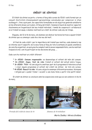 El Sac                                                                                    06-07



                                 CRÈDIT DE SÍNTESI

     El Crèdit de síntesi es porta a terme al llarg dels cursos de l’ESO i està format per un
conjunt d’activitats d’ensenyament-aprenentatge concebudes per comprovar si s’han
aconseguit i, fins a quin punt, les capacitats formulades en els objectius generals establerts
en les diferents àrees curriculars. Al llarg del Crèdit, l’alumne/a haurà de mostrar capacitat
d’autonomia en l’organització del seu treball individual, i també de cooperació i col·laboració
en el treball en equip. L’alumne realitzarà un crèdit de síntesi cada any de l’etapa.

     Enguany, del 12 al 16 de març, els alumnes van dedicar les hores lectives a aquest Crèdit
de síntesi que va començar cada dia a les nou del matí.

      Al final de cada crèdit i per la importància del treball que realitza, cada alumne/a rep
un informe escrit específic de la seva feina al llarg de tota la setmana on queda constància
de com s’ha organitzat, en quin grau ha complert amb la seves responsabilitats, com ha realitzat
l’exposició oral, com ha participat en les decisions del grup, ...

Cada curs ha realitzat un crèdit diferent:

     * 1r d’ESO: Consum responsable: es desenvolupa el voltant del món del consum.
     * 2n d’ESO: Aigua, font de vida: treball el voltant del estudi sobre l’aigua.
     * 3r d’ESO: TV3r: té com objectiu analitzar part de la programació televisiva actual
        i crear alguns programes al voltant del crèdit de síntesi de tots els cursos.
     * 4t d’ESO: Busca’t la vida: té com a objectiu ensenyar diferents processos, tècniques
       i mitjans per a poder trobar i accedir a una bona feina a partir d’un perfil donat.

     El crèdit de síntesi va concloure amb les exposicions orals que es van celebrar el dia 16
de març.




Portada del crèdit de síntesi de 4t                Alumnes de 4t treballant

                                                            Marta Ibañez i Mireia Grañana



                                              12
 