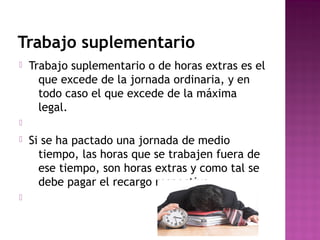 Trabajo suplementario


Trabajo suplementario o de horas extras es el
que excede de la jornada ordinaria, y en
todo caso el que excede de la máxima
legal.






Si se ha pactado una jornada de medio
tiempo, las horas que se trabajen fuera de
ese tiempo, son horas extras y como tal se
debe pagar el recargo respectivo.

 