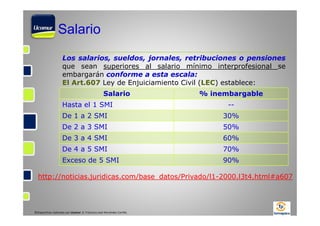 Salario
Los salarios, sueldos, jornales, retribuciones o pensiones
que sean superiores al salario mínimo interprofesional se
embargarán conforme a esta escala:
El Art.607 Ley de Enjuiciamiento Civil (LEC) establece:
Salario
Hasta el 1 SMI

% inembargable
--

De 1 a 2 SMI

30%

De 2 a 3 SMI

50%

De 3 a 4 SMI

60%

De 4 a 5 SMI

70%

Exceso de 5 SMI

90%

http://noticias.juridicas.com/base_datos/Privado/l1-2000.l3t4.html#a607

©Diapositivas realizadas por Ucomur: D. Francisco José Hernández Carrillo.

 
