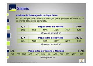 Salario
Periodo de Devengo de la Paga Extra
Es el tiempo que debemos trabajar para generar el derecho a
cobrar la paga extra completa.
1/1
ENE

Pagas extra de Verano
FEB

MAR

ABR

30/6
MAY

JUN

Devengo semestral
1/7
JUL

31/12

Paga extra de Navidad
AGO

SEP

OCT

NOV

DIC

Devengo semestral
1/1
ENE

Paga extra de Verano y Navidad
FEB

MAR

ABR

MAY

JUN

JUL

AGO

Devengo anual
©Diapositivas realizadas por Ucomur: D. Francisco José Hernández Carrillo.

SEP

31/12
OCT

NOV

DIC

 