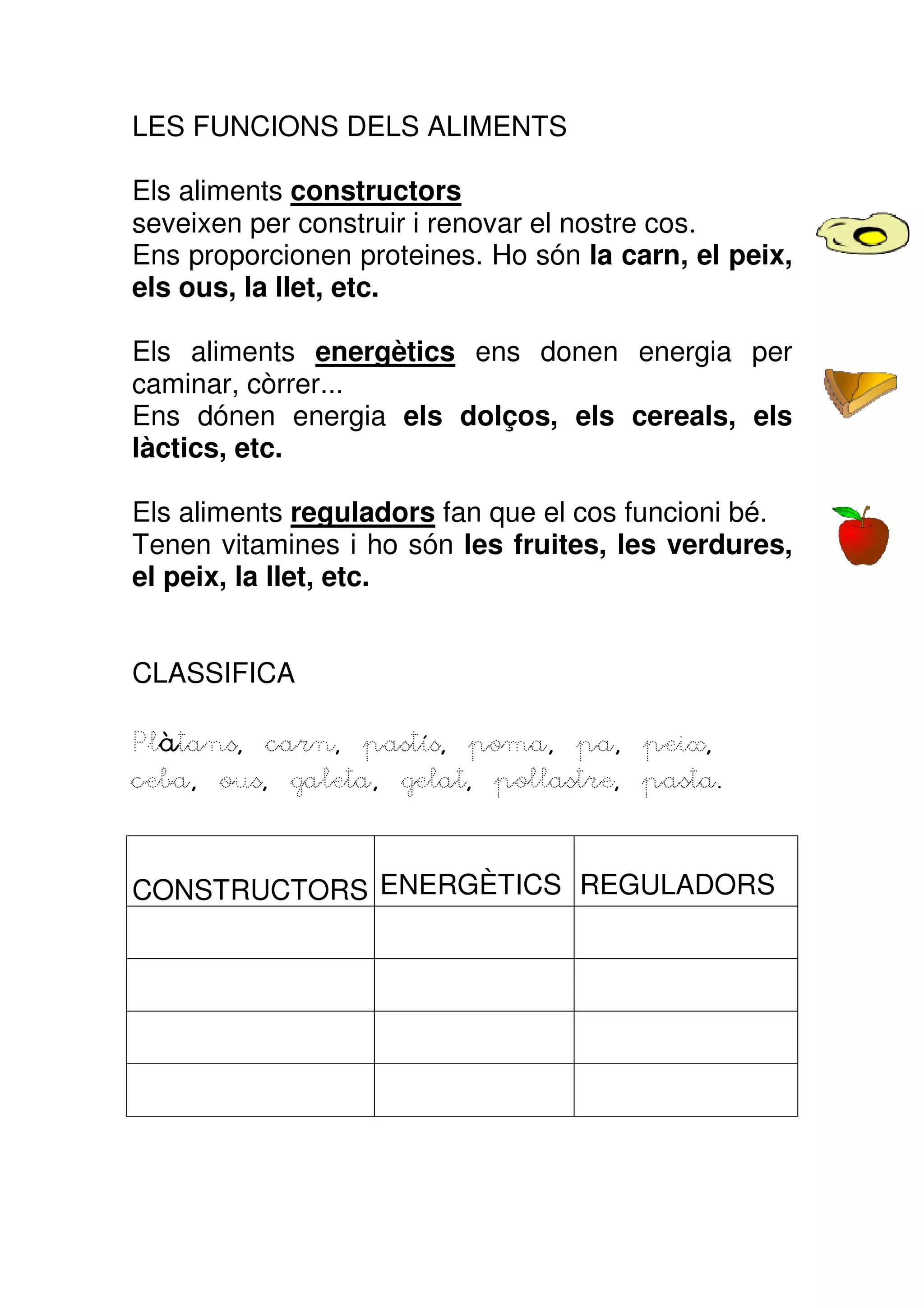 LES FUNCIONS DELS ALIMENTS

Els aliments constructors
seveixen per construir i renovar el nostre cos.
Ens proporcionen proteines. Ho són la carn, el peix,
els ous, la llet, etc.

Els aliments energètics ens donen energia per
caminar, còrrer...
Ens dónen energia els dolços, els cereals, els
làctics, etc.

Els aliments reguladors fan que el cos funcioni bé.
Tenen vitamines i ho són les fruites, les verdures,
el peix, la llet, etc.


CLASSIFICA

Plà
Plàtans, carn, pastís, poma, pa, peix,
ceba, ous, galeta, gelat, pollastre, pasta.


CONSTRUCTORS ENERGÈTICS REGULADORS
 