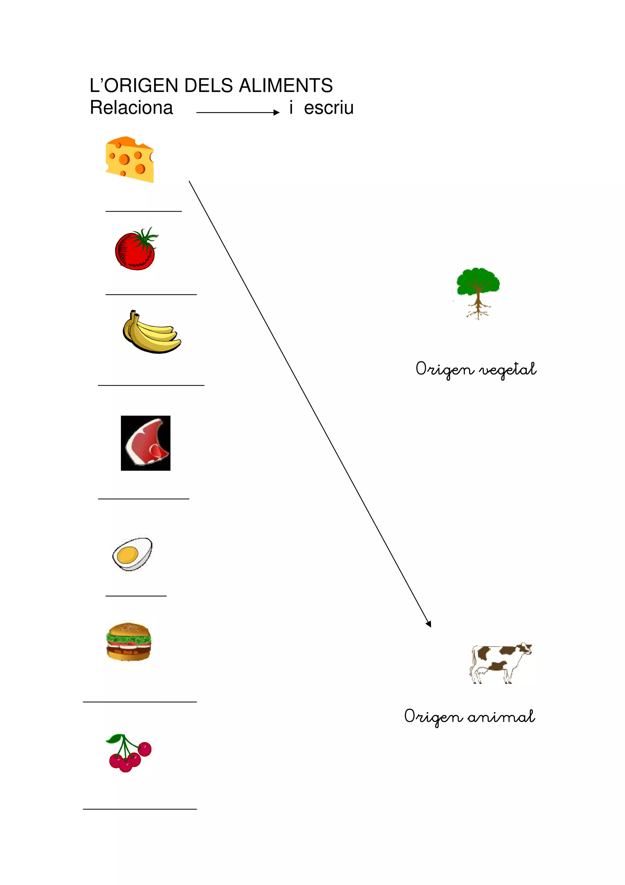 L’ORIGEN DELS ALIMENTS
Relaciona          i escriu




                               Origen vegetal




                              Origen animal
 