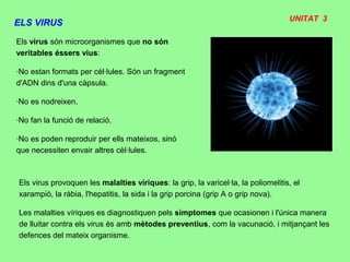 UNITAT 3
ELS VIRUS
Els virus són microorganismes que no són
veritables éssers vius:
·No estan formats per cèl·lules. Són un fragment
d'ADN dins d'una càpsula.
·No es nodreixen.
·No fan la funció de relació.
·No es poden reproduir per ells mateixos, sinó
que necessiten envair altres cèl·lules.
Els virus provoquen les malalties víriques: la grip, la varicel·la, la poliomelitis, el
xarampió, la ràbia, l'hepatitis, la sida i la grip porcina (grip A o grip nova).
Les malalties víriques es diagnostiquen pels símptomes que ocasionen i l'única manera
de lluitar contra els virus és amb mètodes preventius, com la vacunació, i mitjançant les
defences del mateix organisme.
 