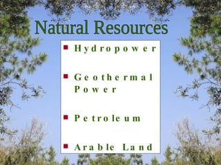 Hydropower Geothermal Power Petroleum Arable Land Natural Resources 