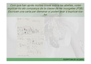 Com que han après moltes coses sobre les abelles, volen 
explicar­ho als companys de la classe de les mongetes (P3B). 
Escriuen una carta per demanar si poden anar a explicar­los­ 
                            ho. 




                                            ESCRIPTURA DE LA CARTA
 