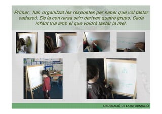 Primer,  han organitzat les respostes per saber què vol tastar 
  cadascú. De la conversa se'n deriven quatre grups. Cada 
          infant tria amb el que voldrà tastar la mel. 




                                         ORDENACIÓ DE LA INFORMACIÓ
 