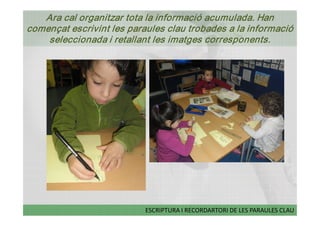 Ara cal organitzar tota la informació acumulada. Han 
començat escrivint les paraules clau trobades a la informació 
    seleccionada i retallant les imatges corresponents. 




                           ESCRIPTURA I RECORDARTORI DE LES PARAULES CLAU
 