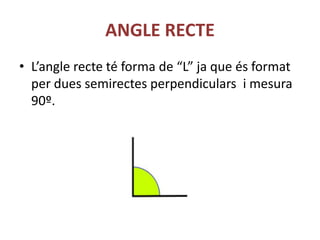 ANGLE RECTE
• L’angle recte té forma de “L” ja que és format
  per dues semirectes perpendiculars i mesura
  90º.
 