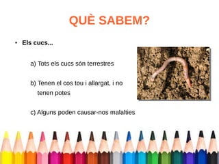 QUÈ SABEM? 
● Els cucs... 
a) Tots els cucs són terrestres 
b) Tenen el cos tou i allargat, i no 
tenen potes 
c) Alguns poden causar-nos malalties 
 