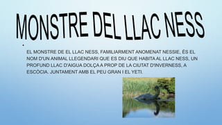 •
EL MONSTRE DE EL LLAC NESS, FAMILIARMENT ANOMENAT NESSIE, ÉS EL
NOM D'UN ANIMAL LLEGENDARI QUE ES DIU QUE HABITA AL LLAC NESS, UN
PROFUND LLAC D'AIGUA DOLÇA A PROP DE LA CIUTAT D'INVERNESS, A
ESCÒCIA. JUNTAMENT AMB EL PEU GRAN I EL YETI.
 
