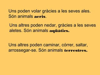 Uns poden volar gràcies a les seves ales.
Són animals aeris.
Uns altres poden nedar, gràcies a les seves
aletes. Són animals aqüàtics.
Uns altres poden caminar, córrer, saltar,
arrossegar-se. Són animals terrestres.
 
