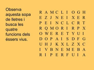 Observa
aquesta sopa
de lletres i
busca les
quatre
funcions dels
éssers vius.
R A M C L I O G H
E Z J N E I X E R
P E I N C L C R T
R Q M O R I R P X
O W E R E T Y U I
D O P A I S D F G
U H J K X L Z X C
I V B N E M E B A
R I P E R F U I A
 