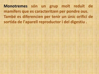 Monotremes són un grup molt reduït de
mamífers que es caracteritzen per pondre ous.
També es diferencien per tenir un únic orifici de
sortida de l'aparell reproductor i del digestiu .
 