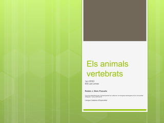 Els animals
vertebrats
1er d’ESO
IES Las Lomas
Rubén J. Boix Pozuelo
Curs de capacitació per a l'ensenyament en valencià i en llengües estrangeres de la Universitat
d'Alacant - Curs: 2018-2019
Llengua Catalana d'Especialitat
 