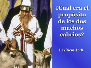 ¿Cual era el
 propósito
 de los dos
  machos
  cabrios?

 Levíticos 16:8
 