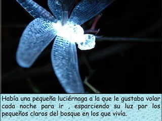 Había una pequeña luciérnaga a la que le gustaba volar
cada noche para ir , esparciendo su luz por los
pequeños claros del...