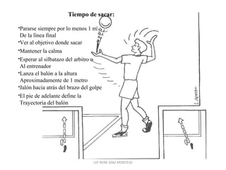 Tiempo de sacar: 
•Pararse siempre por lo menos 1 m. 
De la línea final 
•Ver al objetivo donde sacar 
•Mantener la calma 
•Esperar al silbatazo del arbitro o 
Al entrenador 
•Lanza el balón a la altura 
Aproximadamente de 1 metro 
•Jalón hacia atrás del brazo del golpe 
•El pie de adelante define la 
Trayectoria del balón 
LEF RENE DÍAZ MONTEJO 
 