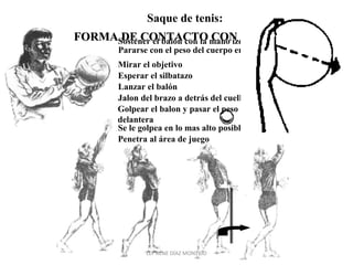Saque de tenis: 
FORMA DDEE CCOONNTTAACCTTOO CCOONN EELL BBAALLOONN 
Sostener el balón con la mano izquierda 
Pararse con el peso del cuerpo en la pierna de atras 
Mirar el objetivo 
Esperar el silbatazo 
Lanzar el balón 
Jalon del brazo a detrás del cuello 
Golpear el balon y pasar el peso del cuerpo a la pierna 
delantera 
Se le golpea en lo mas alto posible 
Penetra al área de juego 
LEF RENE DÍAZ MONTEJO 
 