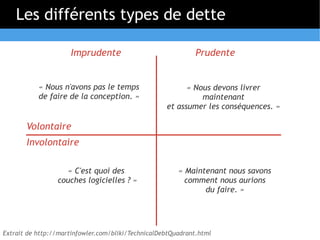 Les différents types de dette

                     Imprudente                               Prudente


           « Nous n'avons pas le temps                    « Nous devons livrer
           de faire de la conception. »                       maintenant
                                                    et assumer les conséquences. »

       Volontaire
       Involontaire

                    « C'est quoi des                    « Maintenant nous savons
                 couches logicielles ? »                  comment nous aurions
                                                               du faire. »




Extrait de http://martinfowler.com/bliki/TechnicalDebtQuadrant.html
 