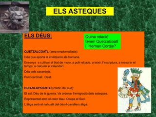 ELS ASTEQUES


ELS DÉUS:                                       Quina relació
                                                tenen Quetzalcoatl
                                                i Hernan Cortés?
QUETZALCOATL (serp emplomallada):
Déu que aporta la civilització als humans.
Ensenya a cultivar el blat de moro, a polir el jade, a teixir, l’escriptura, a mesurar el
temps, a calcular el calendari.
Déu dels sacerdots.
Punt cardinal: Oest.


HUITZILOPOCHTLI (colibrí del sud):
El sol. Déu de la guerra. Va ordenar l’emigració dels asteques.
Representat amb el color blau. Ocupa el Sud.
L’àliga serà el nahualli del déucavallers àliga.
 