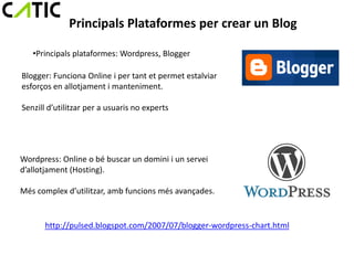 Principals Plataformes per crear un Blog

   •Principals plataformes: Wordpress, Blogger

Blogger: Funciona Online i per tant et permet estalviar
esforços en allotjament i manteniment.

Senzill d’utilitzar per a usuaris no experts




Wordpress: Online o bé buscar un domini i un servei
d’allotjament (Hosting).

Més complex d’utilitzar, amb funcions més avançades.


       http://pulsed.blogspot.com/2007/07/blogger-wordpress-chart.html
 