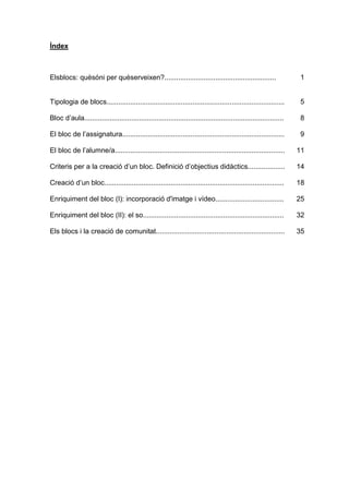 Índex



Elsblocs: quèsóni per quèserveixen?.........................................................                        1


Tipologia de blocs...........................................................................................       5

Bloc d’aula......................................................................................................   8

El bloc de l’assignatura...................................................................................         9

El bloc de l’alumne/a.......................................................................................        11

Criteris per a la creació d’un bloc. Definició d’objectius didàctics...................                             14

Creació d’un bloc............................................................................................       18

Enriquiment del bloc (I): incorporació d'imatge i vídeo...................................                          25

Enriquiment del bloc (II): el so........................................................................            32

Els blocs i la creació de comunitat..................................................................               35
 