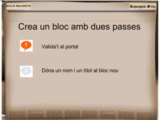 Crea un bloc amb dues passes Valida’t al portal Dóna un nom i un títol al bloc nou 