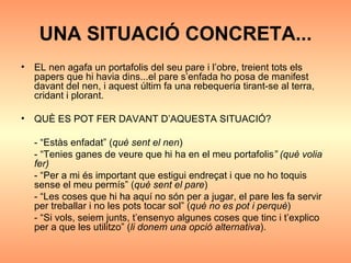 UNA SITUACIÓ CONCRETA... EL nen agafa un portafolis del seu pare i l’obre, treient tots els papers que hi havia dins...el pare s’enfada ho posa de manifest davant del nen, i aquest últim fa una rebequeria tirant-se al terra, cridant i plorant. QUÈ ES POT FER DAVANT D’AQUESTA SITUACIÓ? - “Estàs enfadat” ( què sent el nen ) - “Tenies ganes de veure que hi ha en el meu portafolis ” (què volia fer) - “Per a mi és important que estigui endreçat i que no ho toquis sense el meu permís” ( què sent el pare ) - “Les coses que hi ha aquí no són per a jugar, el pare les fa servir per treballar i no les pots tocar sol” ( què no es pot i perquè ) - “Si vols, seiem junts, t’ensenyo algunes coses que tinc i t’explico per a que les utilitzo” ( li donem una opció alternativa ). 