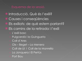 Introducció. Què és l’exili? Causes i conseqüències Els exiliats: de què estem parlant? Els camins de la retirada i l’exili L’exili basc Puigcerdà i la Guingueta Coll d’Ares Oix – Beget – La Menera Coll de Lli  i  Coll de la Manrella La Jonquera i El Pertús Port Bou 