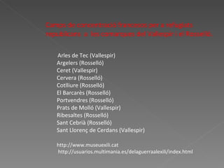 Camps de concentració francesos per a refugiats  republicans  a  les comarques del Vallespir i el Rosselló.   Arles de Tec (Vallespir) Argelers (Rosselló) Ceret (Vallespir) Cervera (Rosselló) Cotlliure (Rosselló) El Barcarès (Rosselló) Portvendres (Rosselló) Prats de Molló (Vallespir) Ribesaltes (Rosselló)  Sant Cebrià (Rosselló)  Sant Llorenç de Cerdans (Vallespir) http://www.museuexili.cat   http://usuarios.multimania.es/delaguerraalexili/index.html 