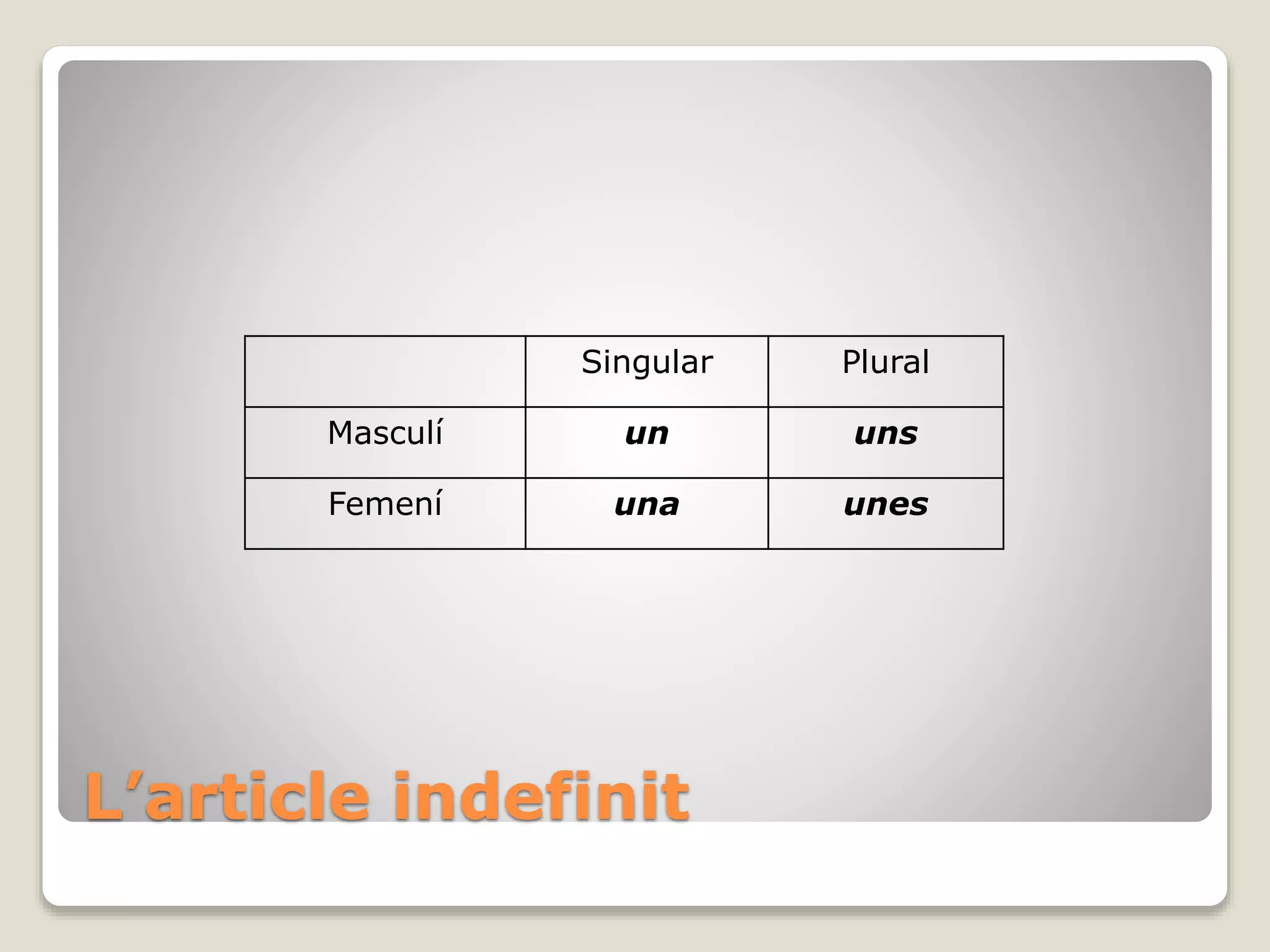 L’article indefinit
Singular Plural
Masculí un uns
Femení una unes
 