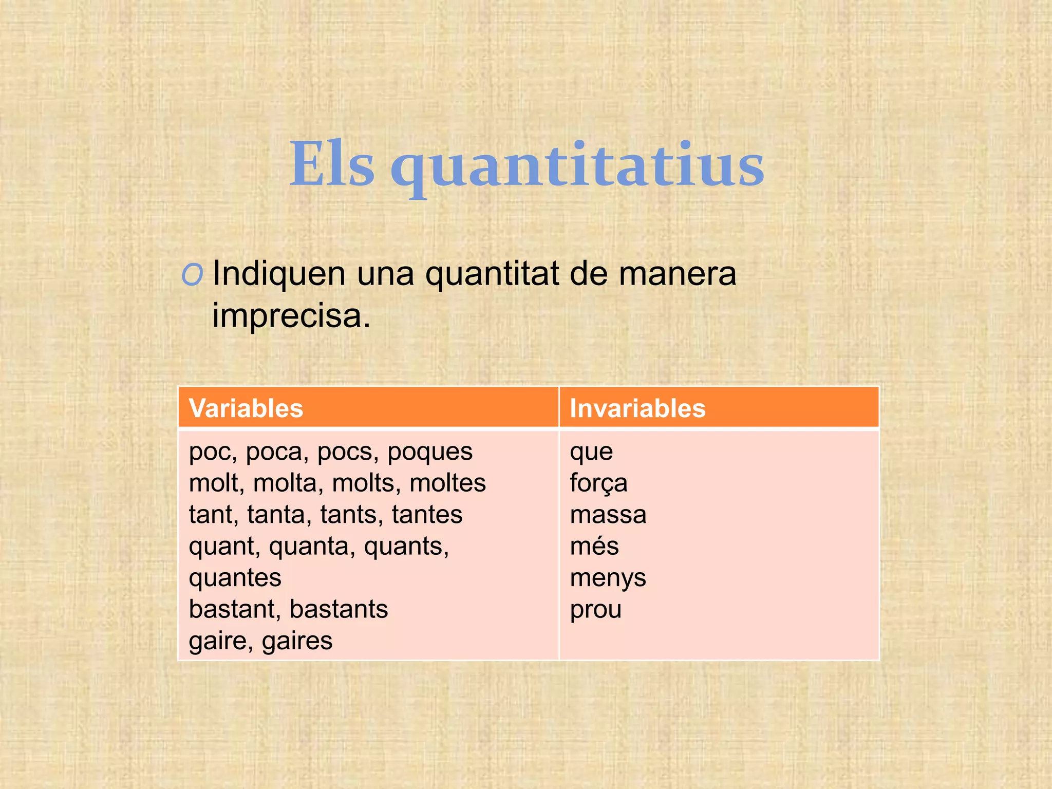 Els quantitatius
O Indiquen una quantitat de manera
imprecisa.
Variables Invariables
poc, poca, pocs, poques
molt, molta, molts, moltes
tant, tanta, tants, tantes
quant, quanta, quants,
quantes
bastant, bastants
gaire, gaires
que
força
massa
més
menys
prou
 