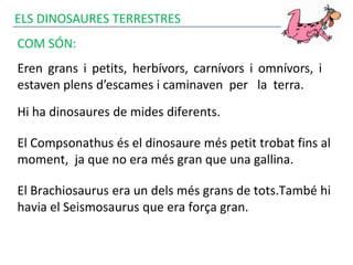 ELS DINOSAURES TERRESTRES
COM SÓN:
Eren grans i petits, herbívors, carnívors i omnívors, i
estaven plens d’escames i caminaven per la terra.
Hi ha dinosaures de mides diferents.
El Compsonathus és el dinosaure més petit trobat fins al
moment, ja que no era més gran que una gallina.
El Brachiosaurus era un dels més grans de tots.També hi
havia el Seismosaurus que era força gran.
 