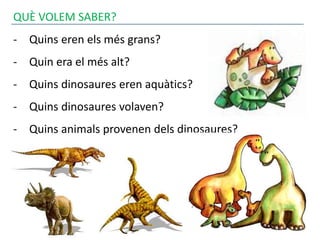 QUÈ VOLEM SABER?
- Quins eren els més grans?
- Quin era el més alt?
- Quins dinosaures eren aquàtics?
- Quins dinosaures volaven?
- Quins animals provenen dels dinosaures?
 
