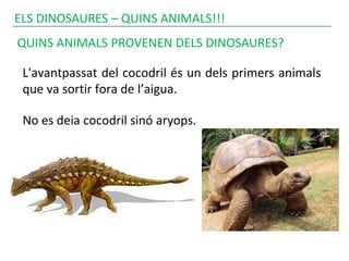 ELS DINOSAURES – QUINS ANIMALS!!!
QUINS ANIMALS PROVENEN DELS DINOSAURES?
L'avantpassat del cocodril és un dels primers animals
que va sortir fora de l’aigua.
No es deia cocodril sinó aryops.
 