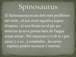 El Spinosaurus es un dels més perillosos
del món , el seu nom significa lagart
d’espina , té uns forats en el pic per
detectar la seva pressa baix de l’aigua
sense mirar . Pot mesurar 17 o 18 m i pot
pesar 7 o 20 , 5 tonelades , les seves
espines poden mesurar 2 metres.
 