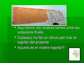  Aqui tenim els nostres temes amb lesAqui tenim els nostres temes amb les
votacions finals.votacions finals.
 Cadascú ha fet un dibuix per triar elCadascú ha fet un dibuix per triar el
logotip del projecte.logotip del projecte.
 Aquest és el nostre logotip!!!Aquest és el nostre logotip!!!
 