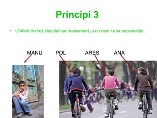 Principi 3   L'infant té dret, des del seu naixement, a un nom i una nacionalitat.   MANU  POL  ARES  ANA 