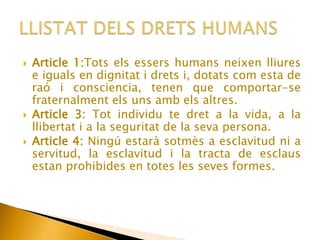 La declaració dels drets humans en castellà va ser presentada per EleanorRoosevelt  primera dama del estats units i Presidenta de la Comissió dels Drets Humans de les Nacions Unides.“declaració dels drets humans en castellà”
